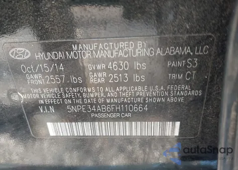 2015 Hyundai Sonata Sport 2.0T from USA, damaged, VIN 5NPE34AB6FH110664